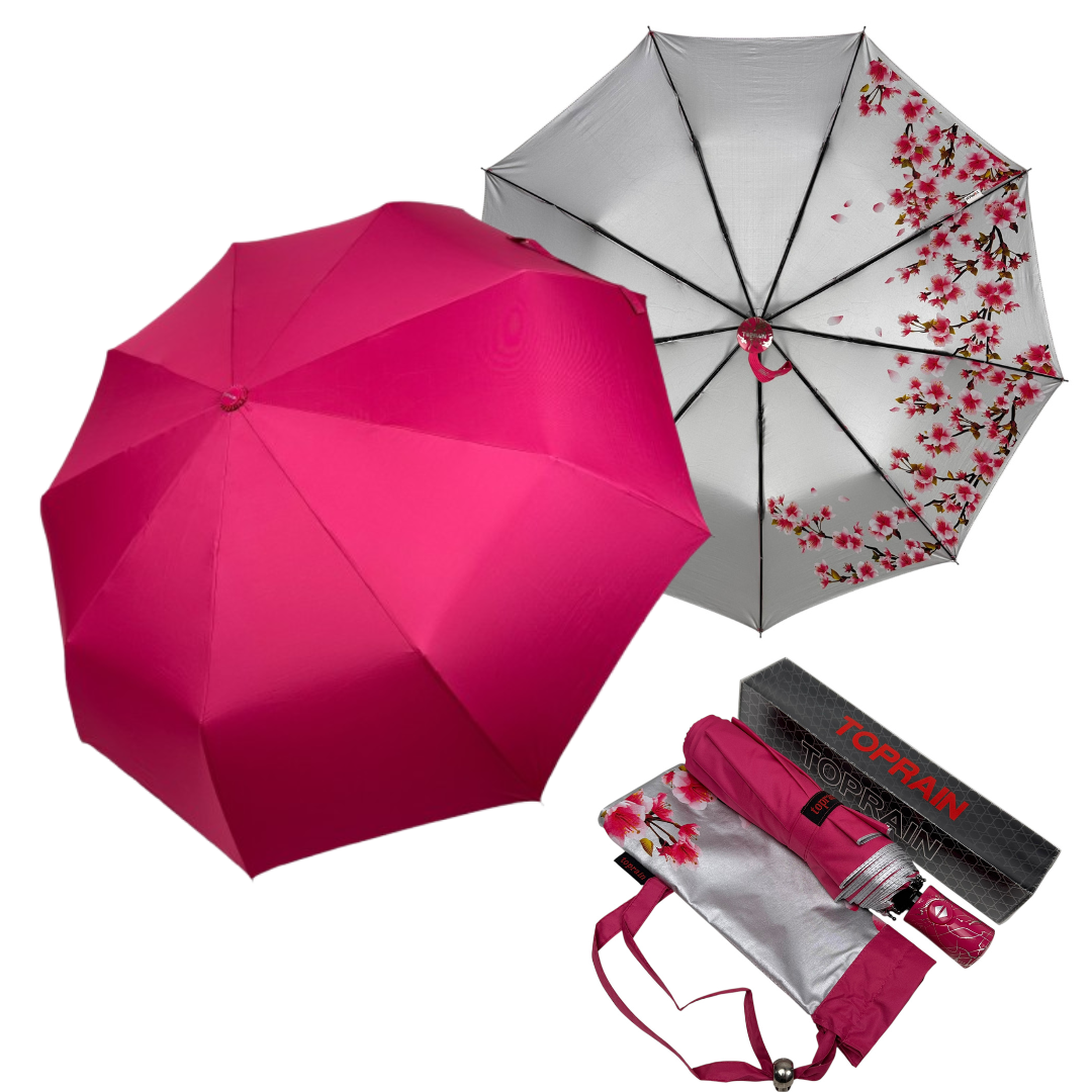 Жіноча автоматична парасоля на 9 спиць від Toprain з малюнком сакури всередині, малиновий, 04482-6