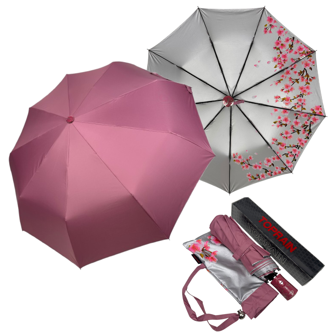 Жіноча автоматична парасоля на 9 спиць від Toprain з малюнком сакури всередині, рожевий, 04482-7