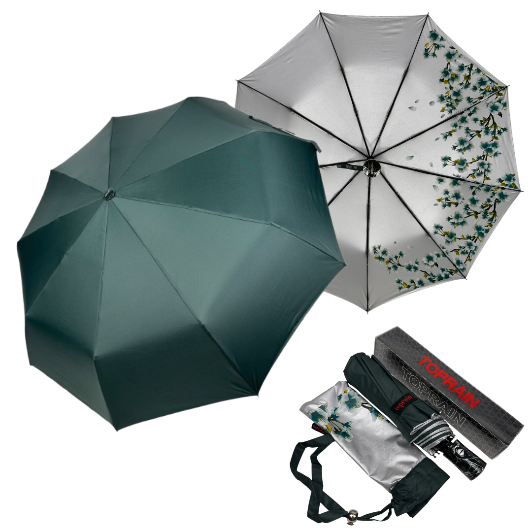Жіноча автоматична парасоля на 9 спиць від Toprain з малюнком сакури всередині, зелений, 04482-9, фото 1
