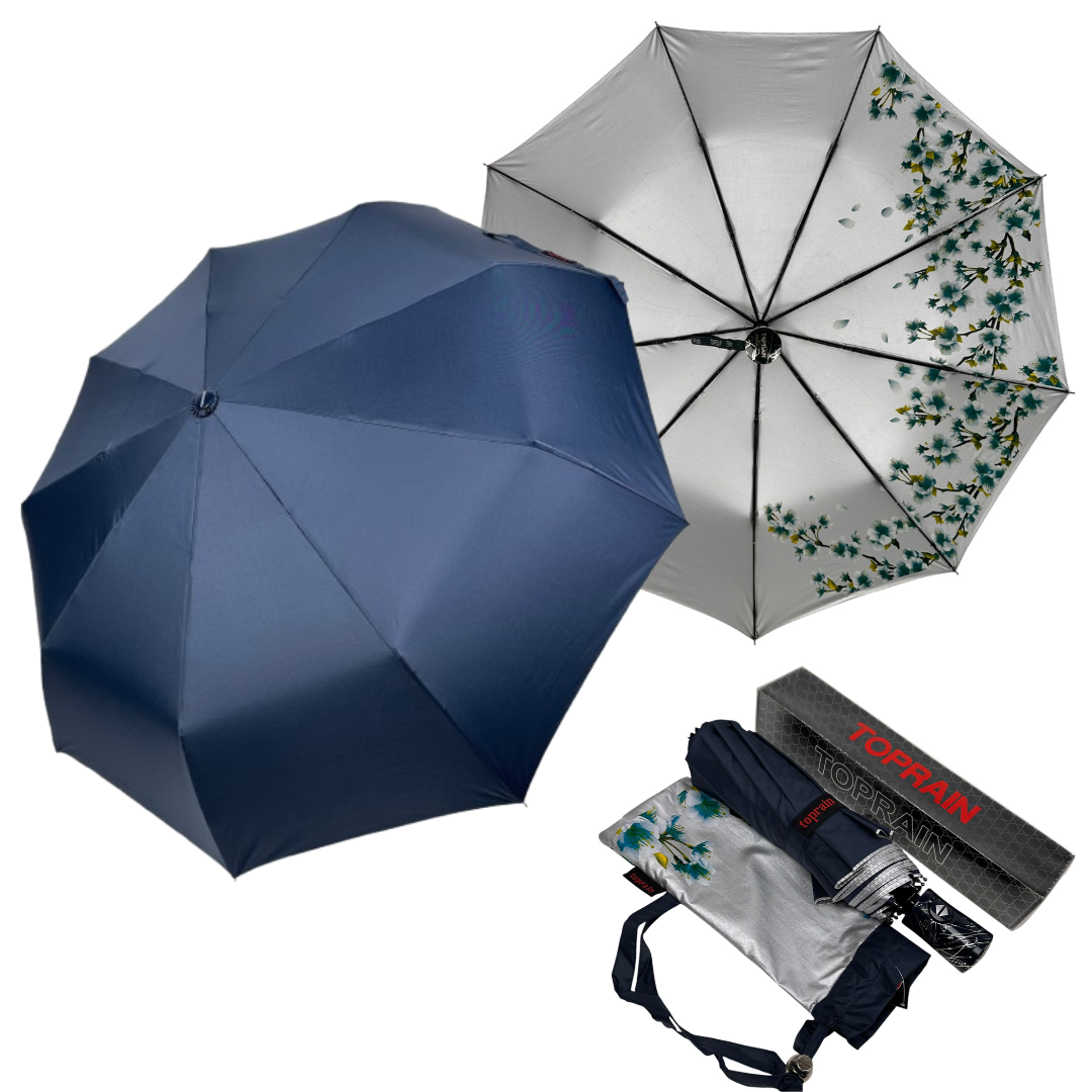 Жіноча автоматична парасоля на 9 спиць від Toprain з малюнком сакури всередині, синій, 04482-10