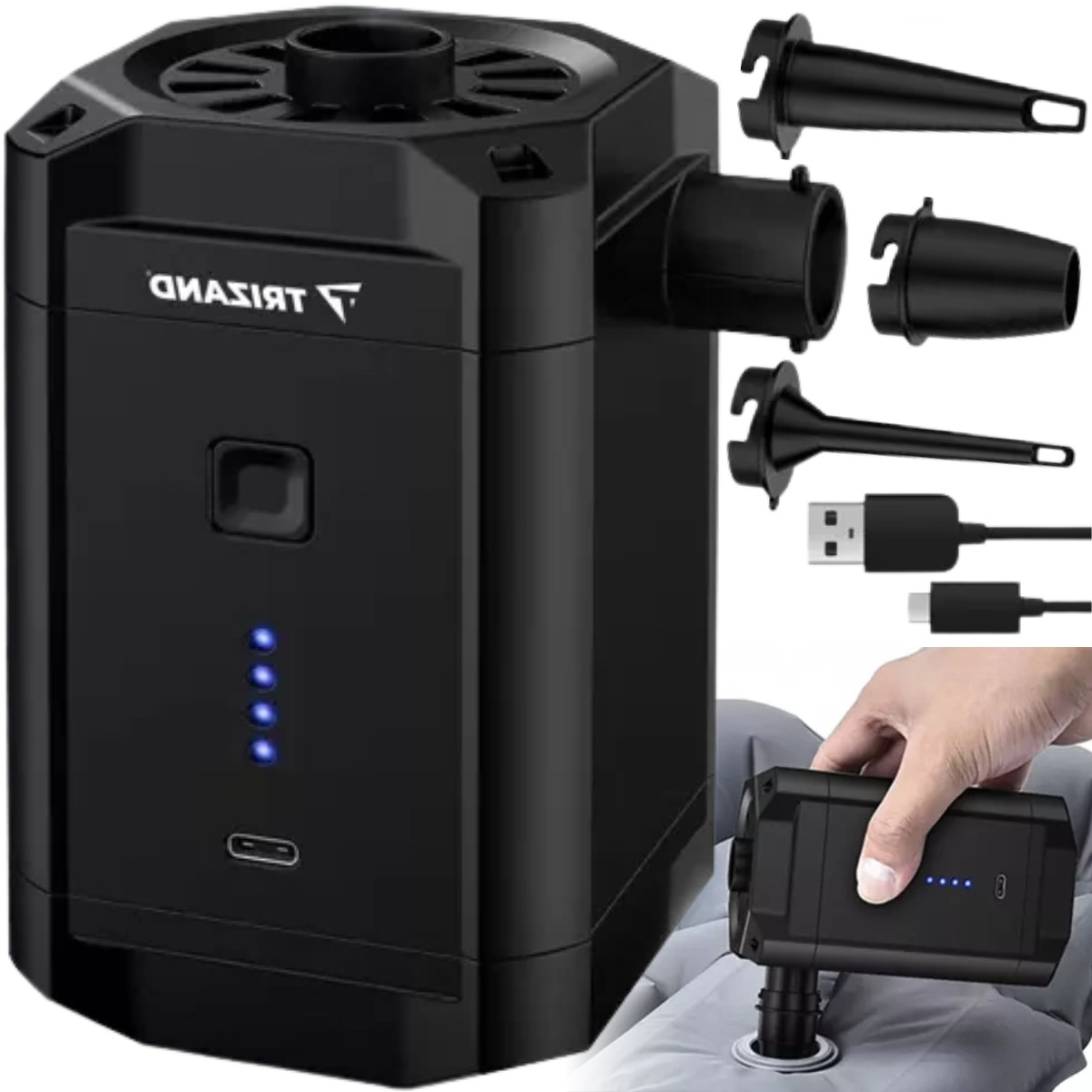 Насос для матраца електричний акумуляторний Trizand 5000 мАг USB Type-C + 3 насадки (20790), фото 1