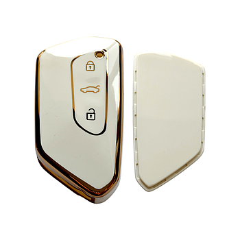 Чохол для ключа Skoda, глянець, білий з золотою рамкою 01