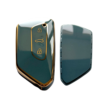 Чохол для ключа Skoda, глянець, синій з золотою рамкою 01