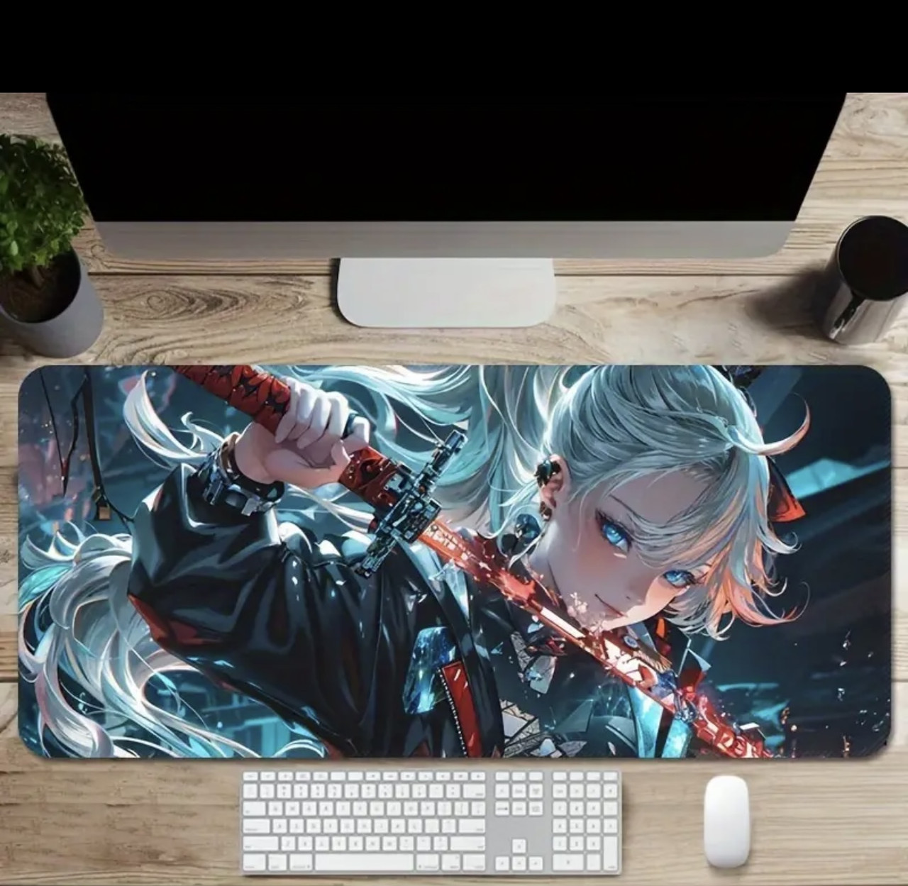 Килимок для миші з дизайном дівчини аніме з блакитним волоссям та очима, розмір 80/30, фото 1