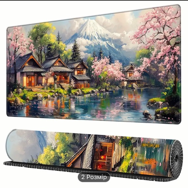 Килимок для миші з дизайном пейзажу з сакурами та вулканом, розмір 80/30, фото 1