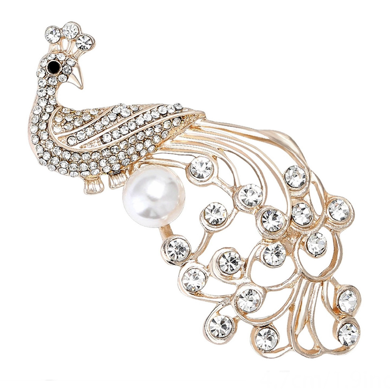 Брошка металева на золотистій основі птиця павича зі стразами, що переливаються, та намистинний розмір 70х35 мм