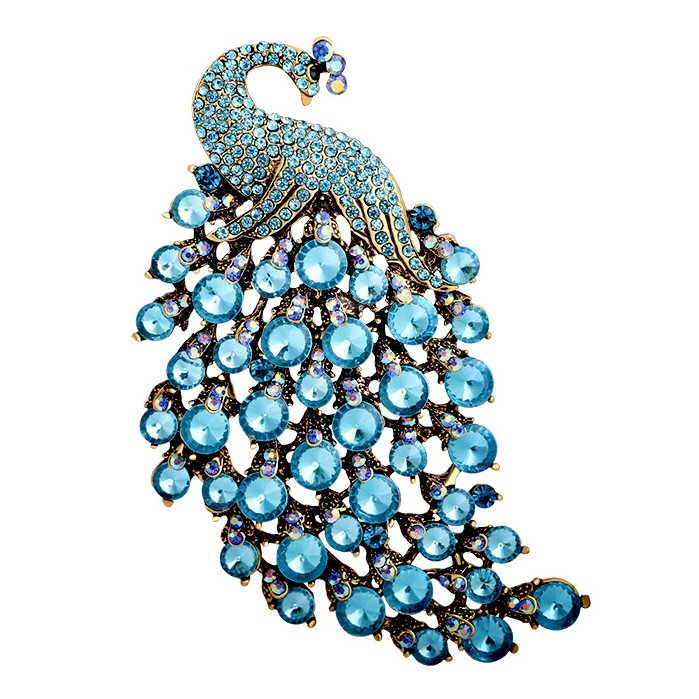 Брошка металева на золотистій основі великого павича з бірюзовими кришталевими стразами розмір 105х65 мм