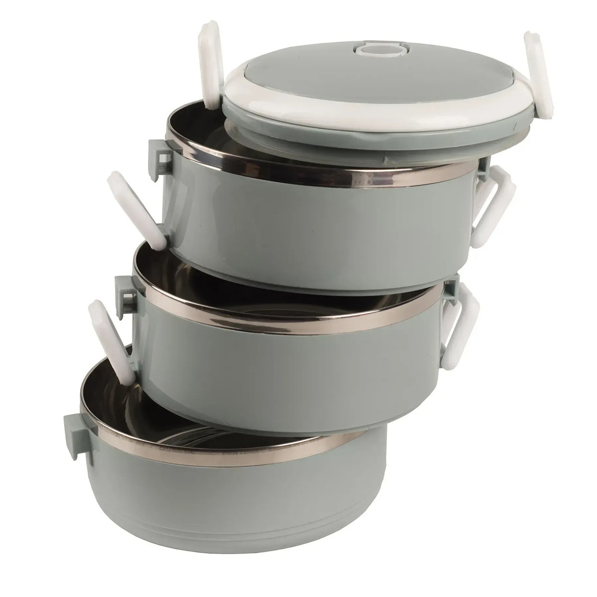 Ланч бокс трисекційний круглий 1500 мл Сіро-блакитний, термо ланч бокс для їжі з нержавіючої сталі