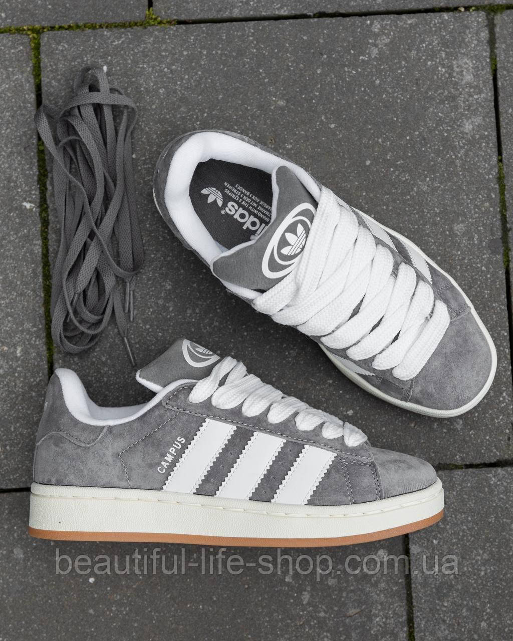 Молодіжні кросівки Adidas Campus замшеві сірий з білою підошвою низькі спортивні кеди адідас для бігу та відпочинку