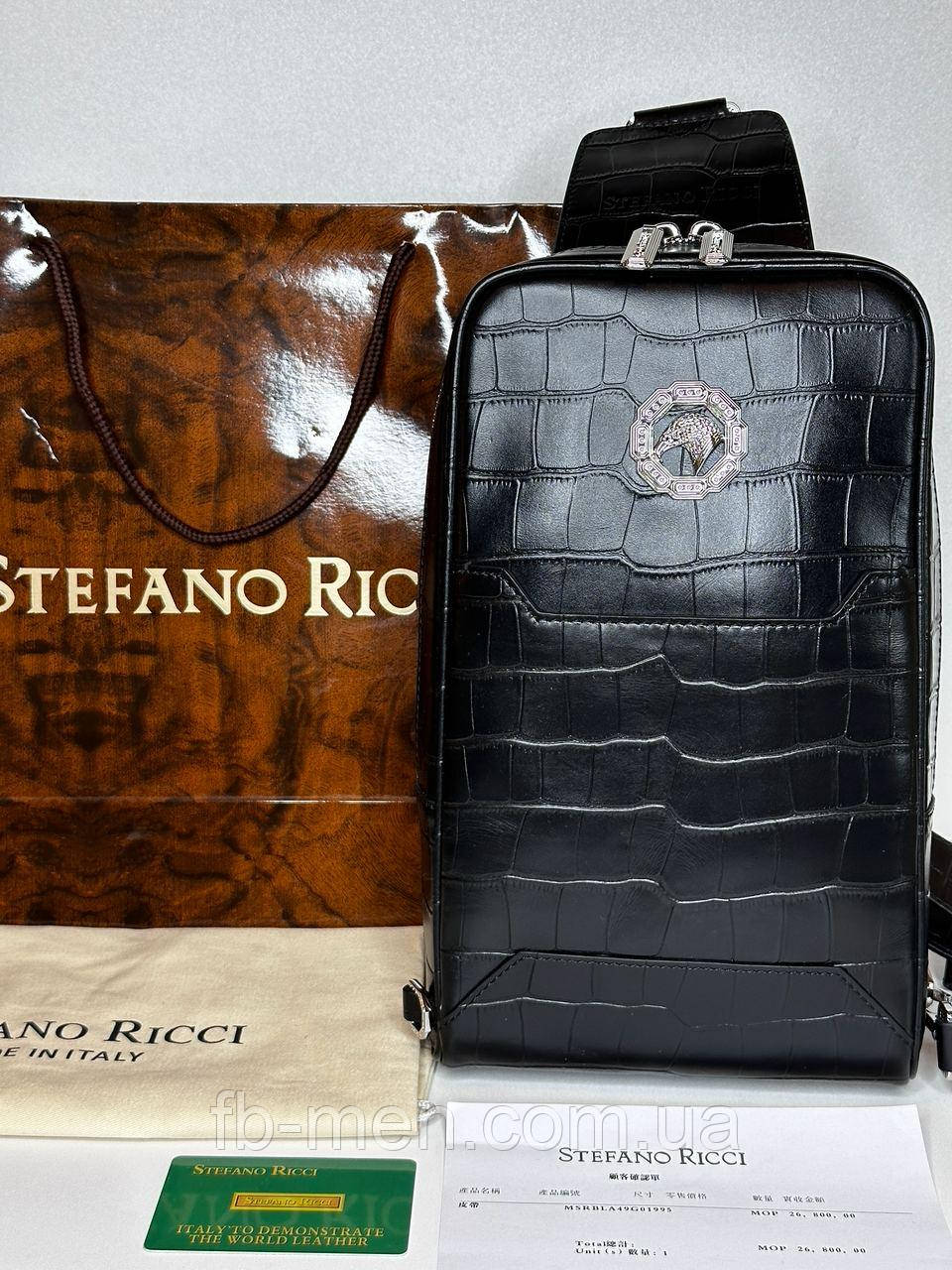 Чоловіча шкіряна нагрудна сумка Stefano Ricci Black Croco White Metal Logo слінг чорна якість преміум