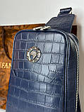 Сумка чоловіча шкіряна нагрудна Stefano Ricci Blue Croco White Metal Logo слінг синій якість преміум, фото 5