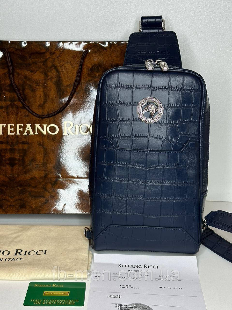 Сумка чоловіча шкіряна нагрудна Stefano Ricci Blue Croco White Metal Logo слінг синій якість преміум