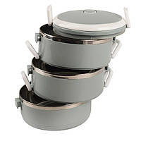Ланч бокс трисекційний круглий 1500 мл Сіро-блакитний, термо ланч бокс для їжі з нержавіючої сталі