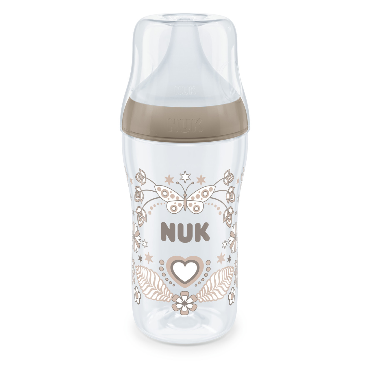 NUK PERFECT MATCH Пляшечка зпластикова з індикатором температури 260 мл із соскою з силікону з отвором M - серце, фото 1