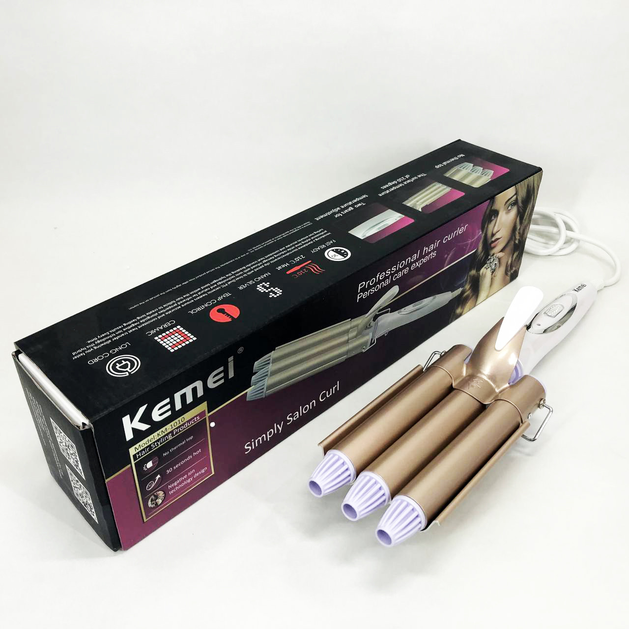 Плойка для волосся професійна Kemei KM-1010 потрійна для створення локонів з турмаліновим покриттям, фото 1