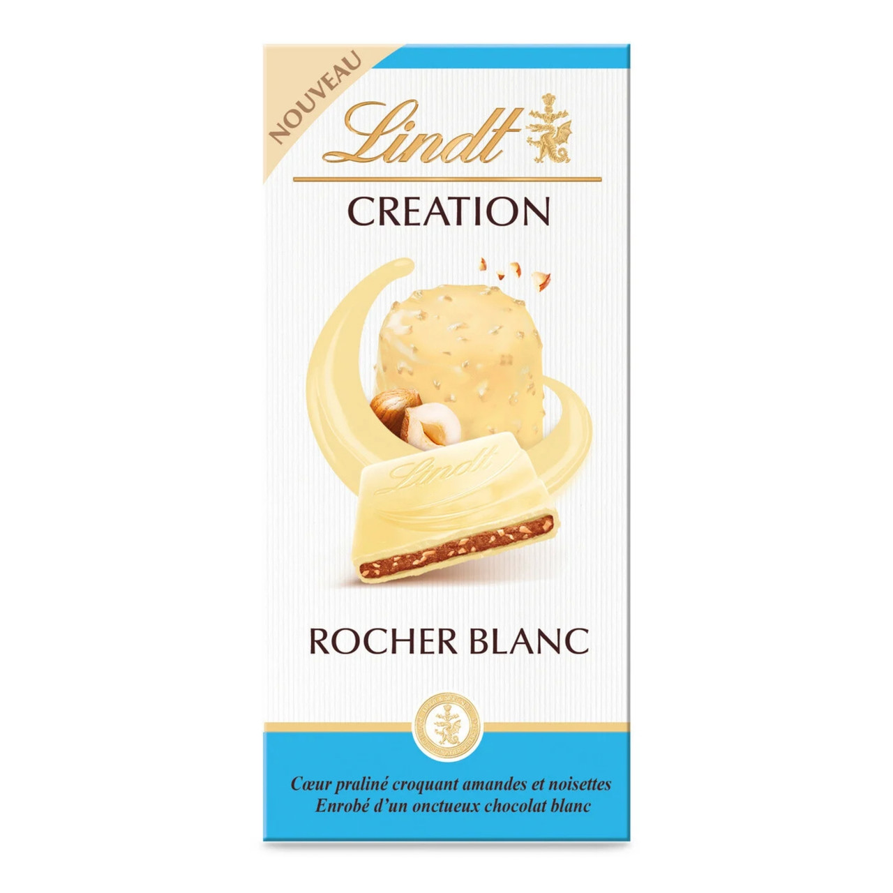 Шоколад білий Lindt Creation Rocher Blanc, хрустка начинка зі стружки фундука Франція 200 г.