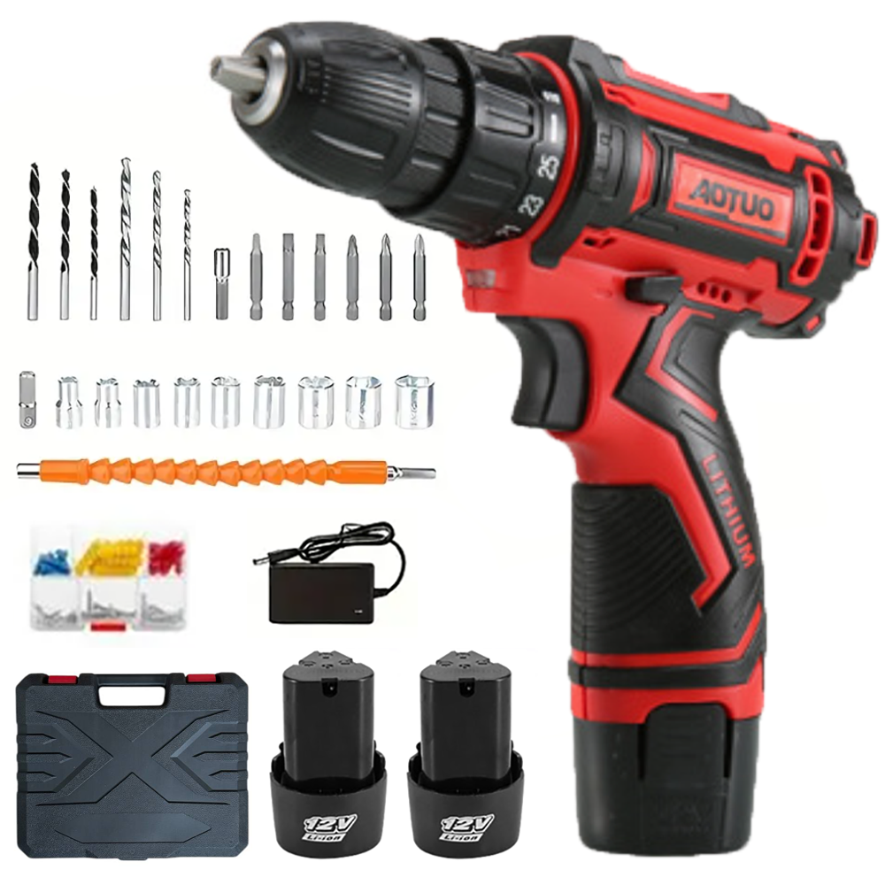 Шуруповерт AOTUO PRO 12V з двома акумуляторами 1500 mAh та набором інструментів у кейсі