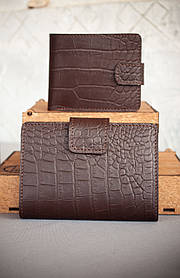 Портмоне для документів чоловіче шкіряне темно-коричневе з тисненням Крокодил | для автодокументві, паспорта, військового