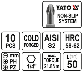 Набір біт до викрутки / шуруповерта 50 мм 1/4" PH-PZ (10 шт) Yatо YT-0483, фото 4