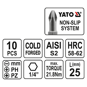 Набір біт до викрутки / шуруповерта 25 мм 1/4" PH-PZ (10 шт) Yatо YT-0482, фото 4