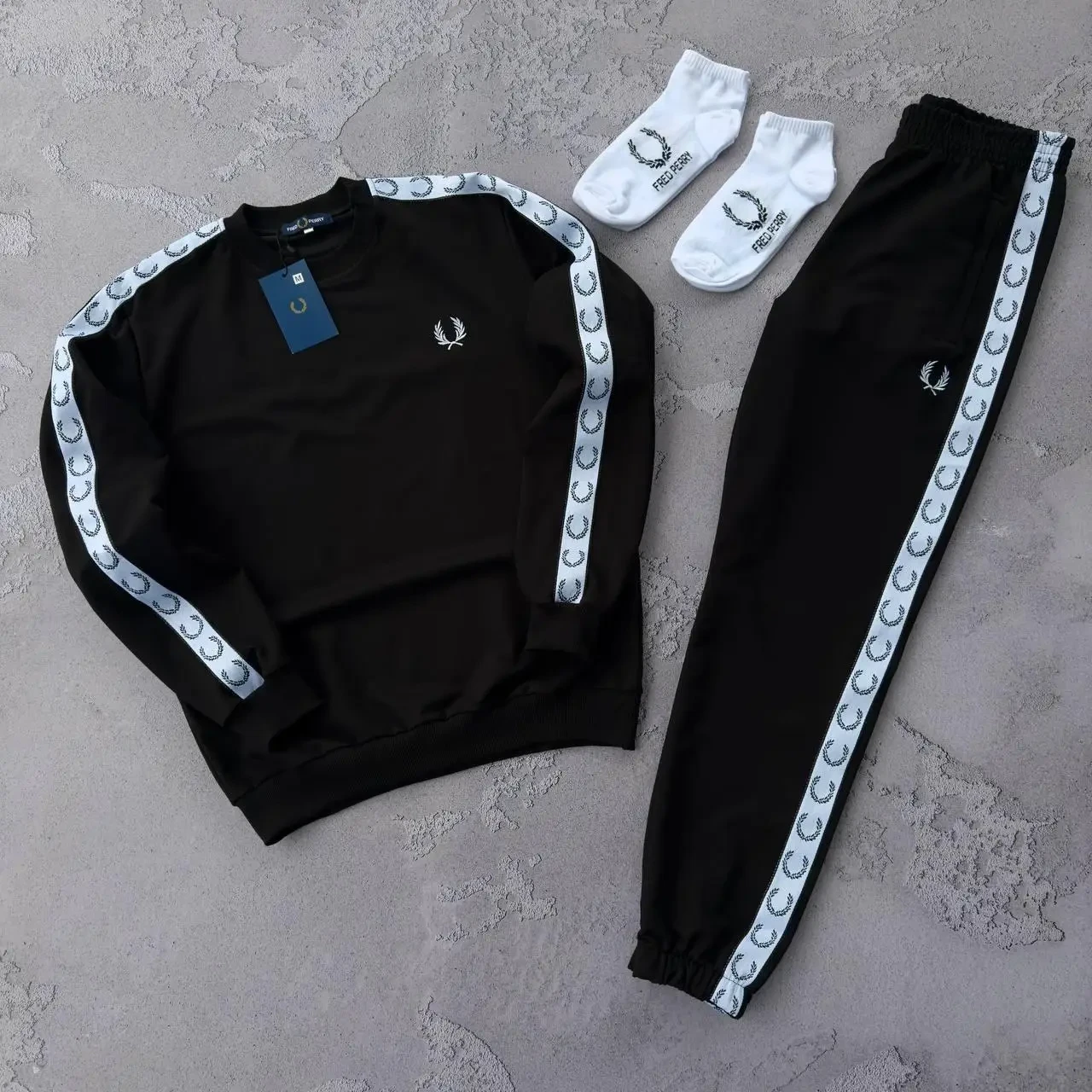Чоловічий спортивний костюм Fred Perry Світшот + Штани чорний з лампасами Комплект Фред Перрі весняний