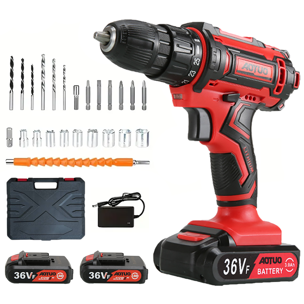 Шуруповерт AOTUO PRO 36Vf (21V) з двома акумуляторами 3000 mAh та набором інструментів у кейсі