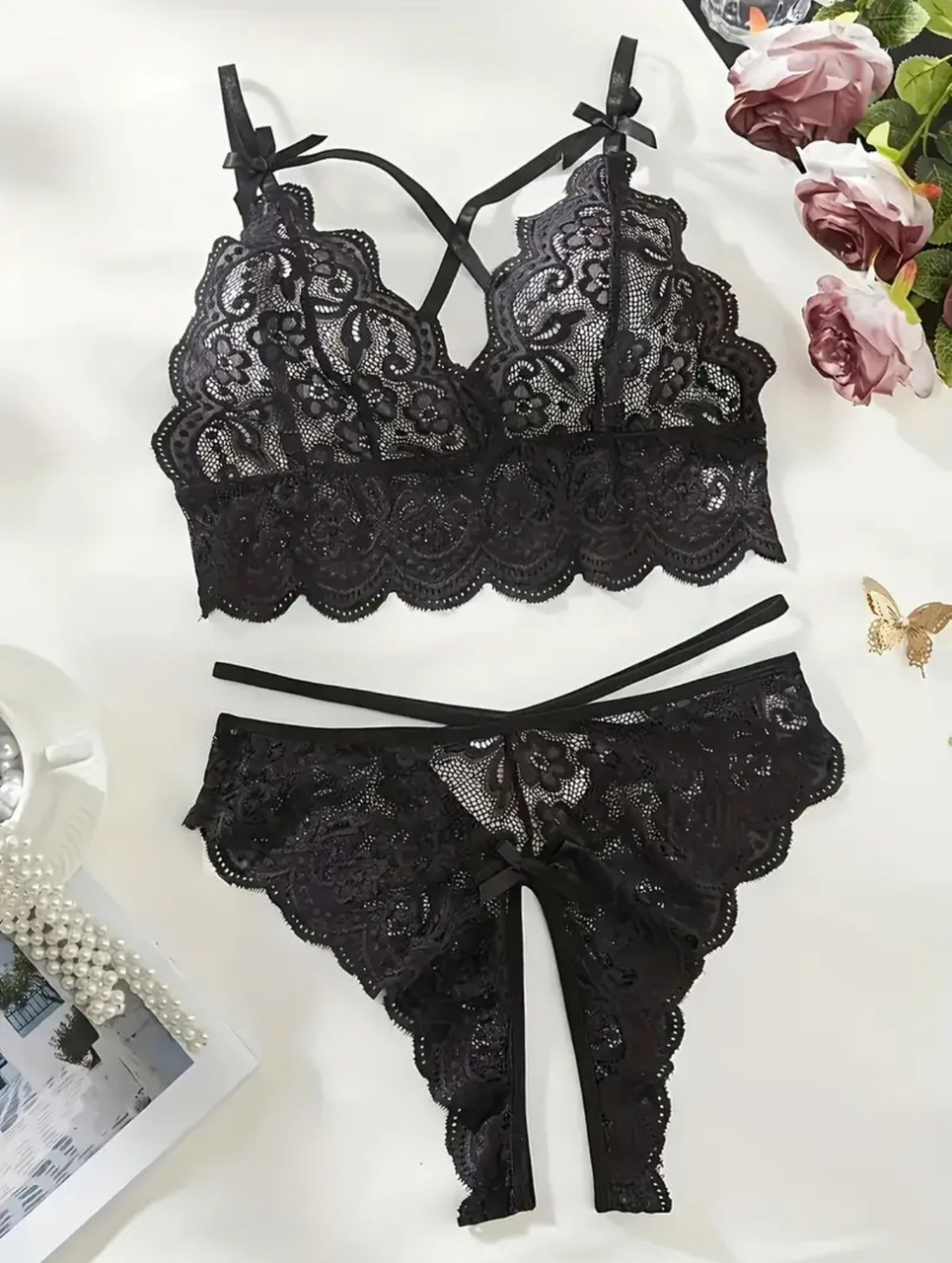 Мереживний комплект з відкритим доступом (р.XL, чорний), фото 1