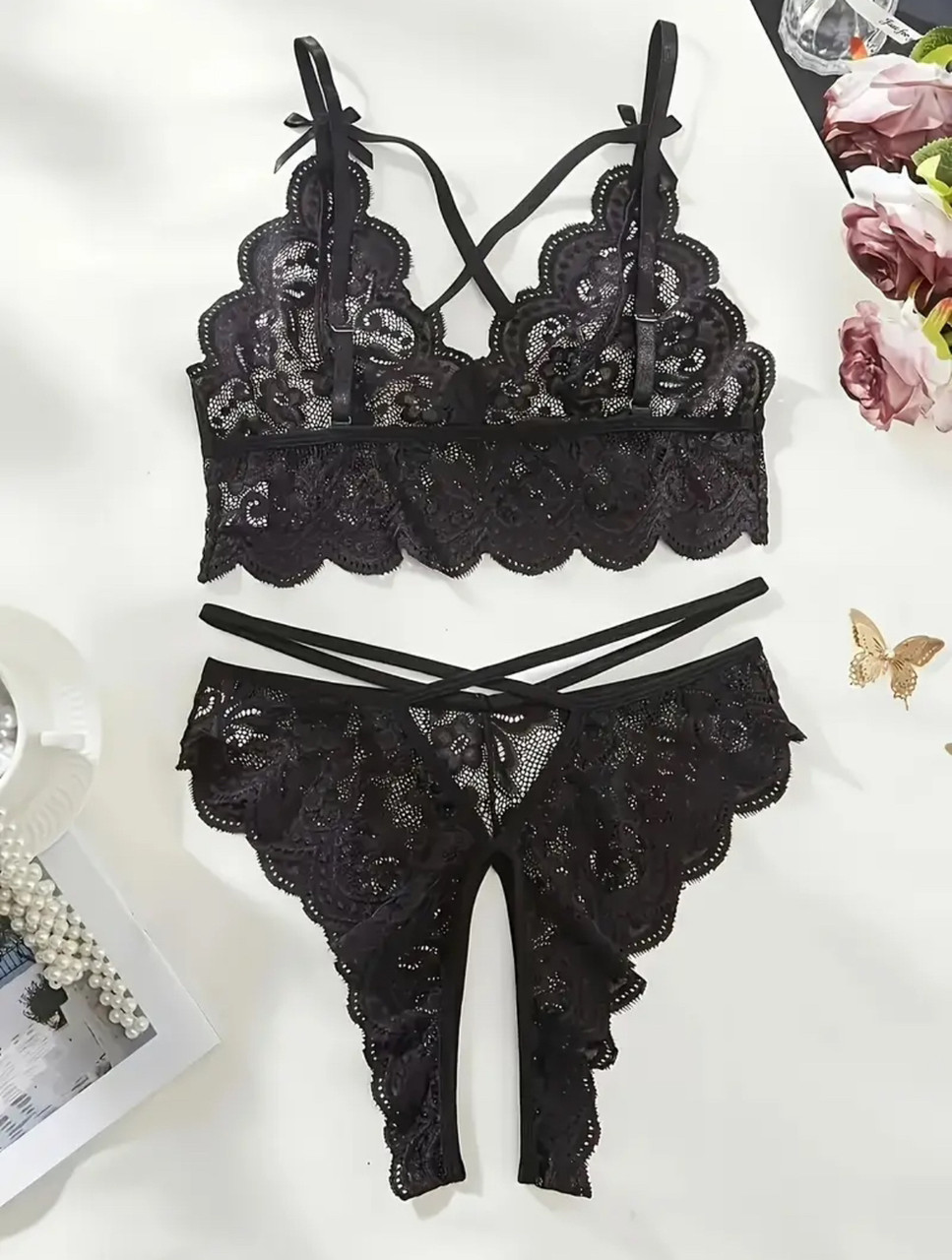 Мереживний комплект з відкритим доступом (р.S, чорний), фото 1