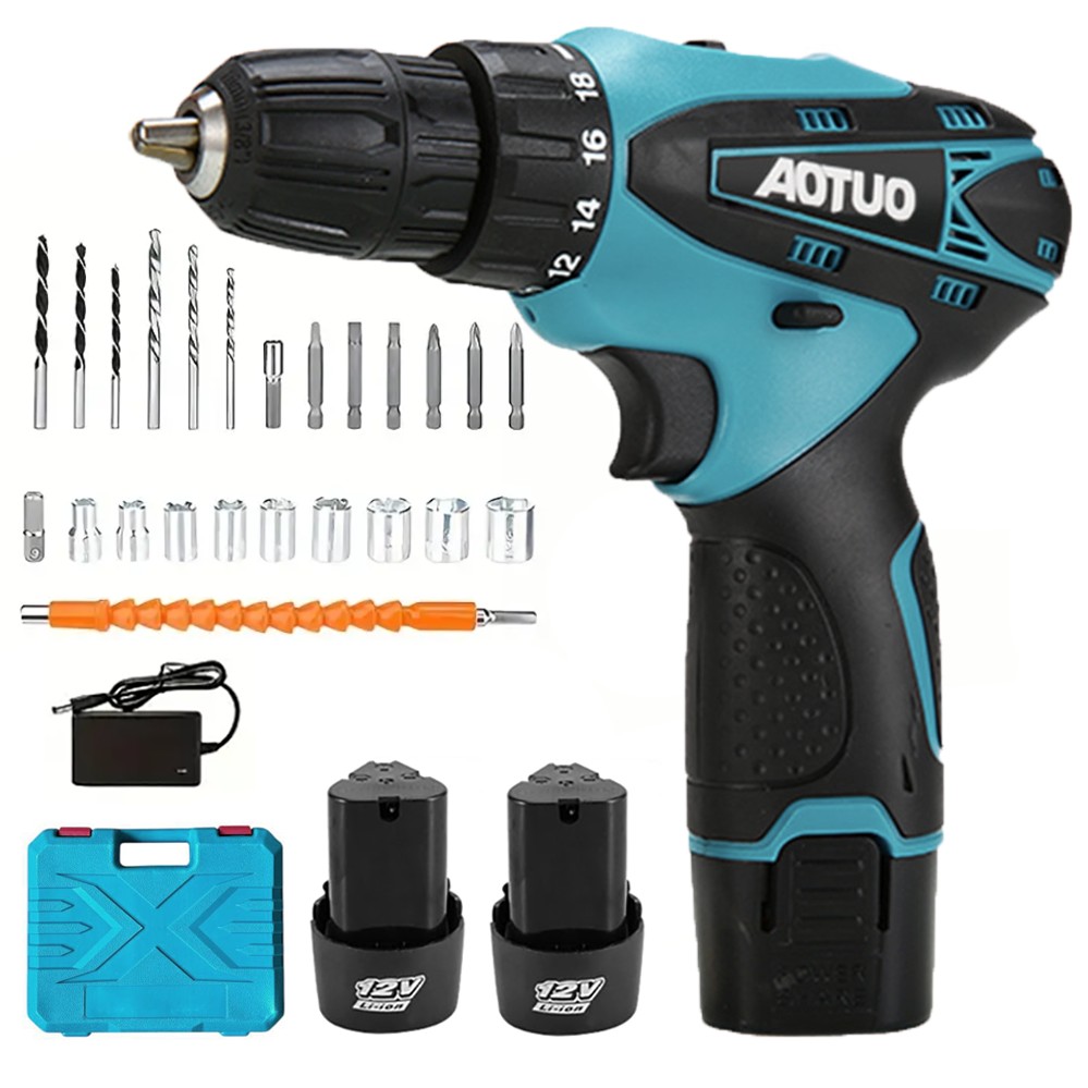 Шуруповерт AOTUO 12V з двома акумуляторами 1500 mAh і набором інструментів у кейсі