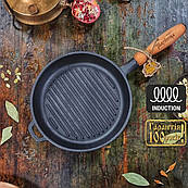 Чавунна лита сковорода сковорідка 24 см рифлена з ребрами для смаження гриля й барбекю сковороди гриль круглі із дерев'яною ручкою
