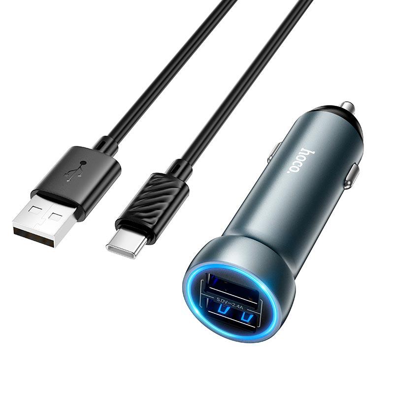 Адаптер автомобільний Hoco Prosperous dual-port Car charger (Type - c set) Z54 |2USB, 15.5W/2.4A| сірий