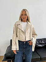 Куртка косуха сіра бежева жіноча з екошкіри No1220