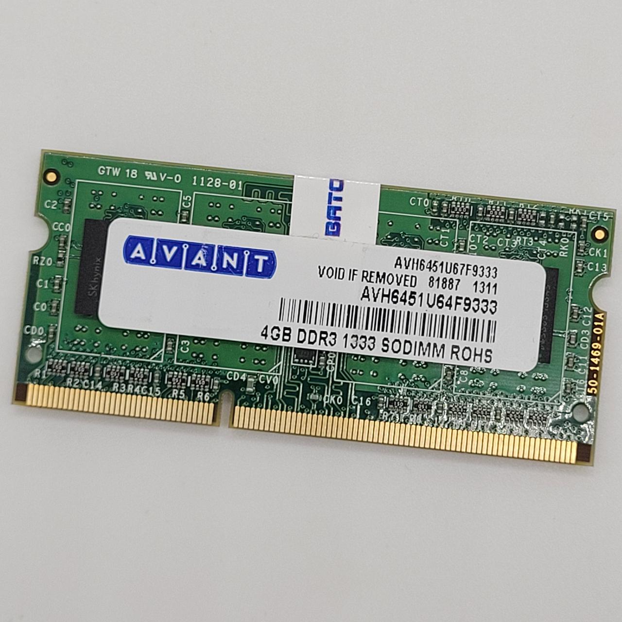 Оперативна пам'ять для ноутбука Avant SODIMM DDR3 4Gb 1333MHz PC3-10600S 1R8 CL9 (AVH6451U64F9333) Б/В