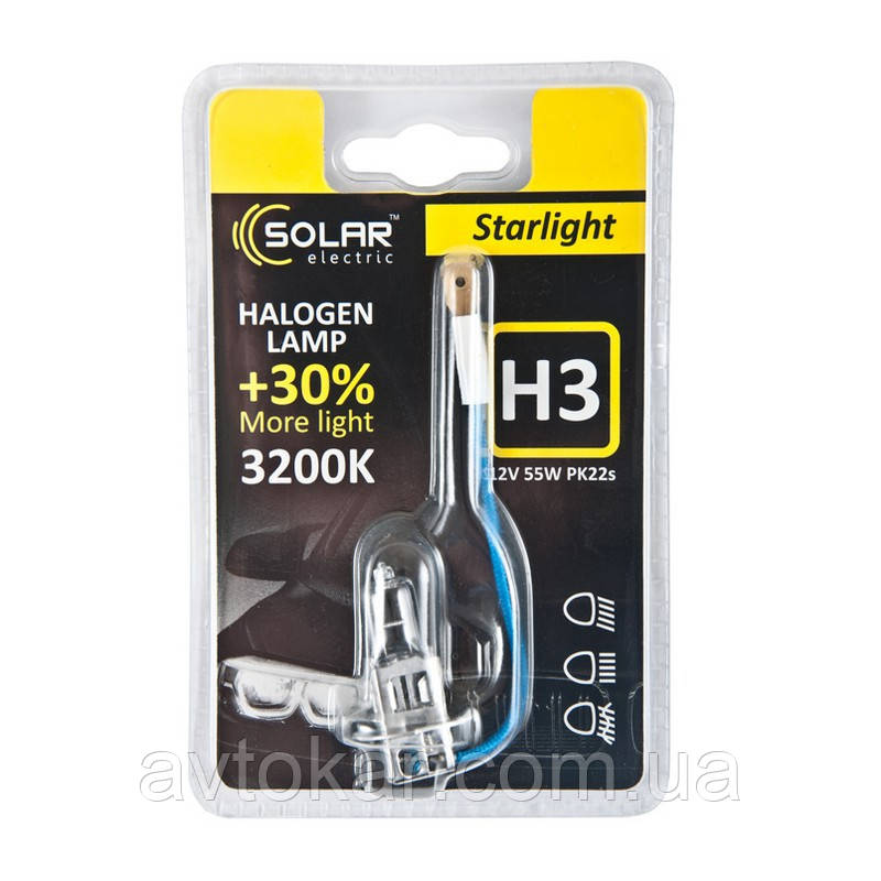 Галогенова лампа Solar H3 12 V 55 W PK22s Starlight +30% (1203B1) AVK, фото 1