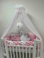 Дитяча постільна білизна 7в1. Постіль у ліжечко для малюків, біло-рожевий
