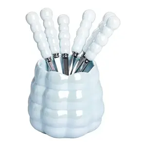 Набір десертних виделок і ложок на 3 персони з керамічною підставкою блакитний