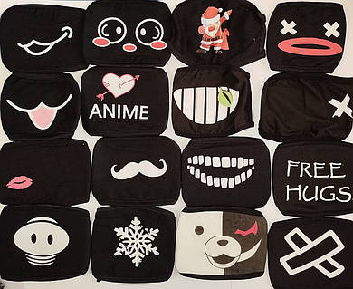 Маска на рот в стиле аниме Черная маска на лицо с принтом аниме, зубы,усы глазки