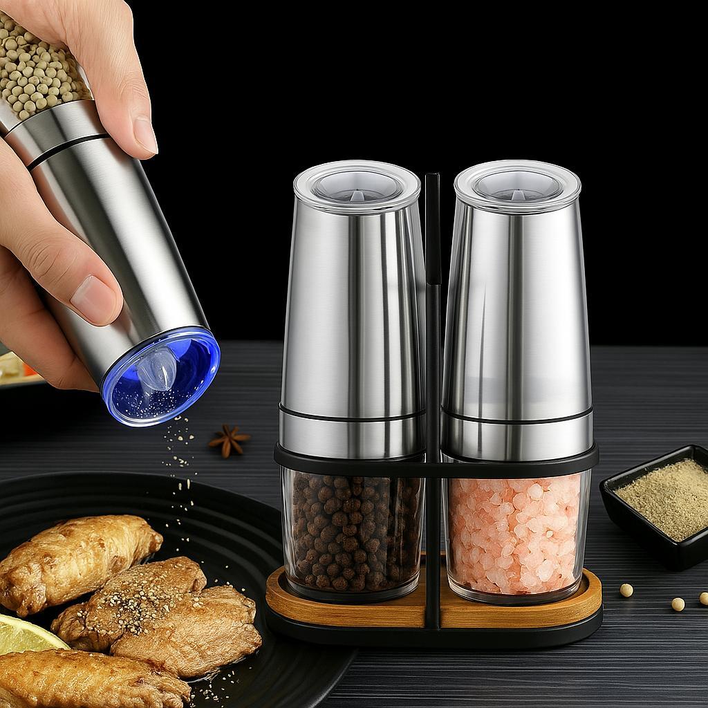 Набір електричних гравітаційних млинків 2шт для перцю солі на підставці, фото 1