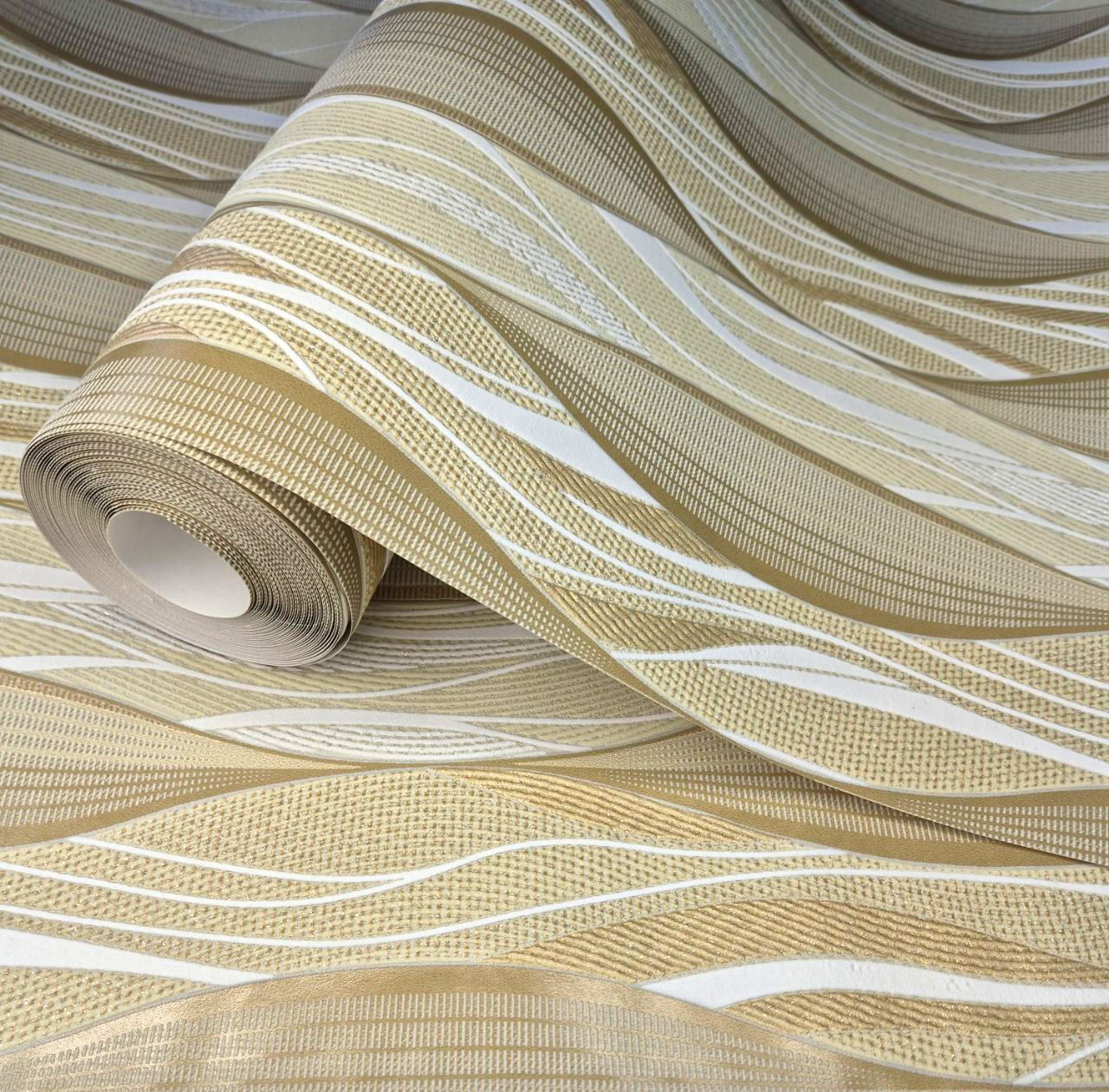 Шпалери вінілові 10 × 0.53 м 5747-04, гірчичні з хвилястим геометричним візерунком для коридору, вітальні, кухні, фото 1