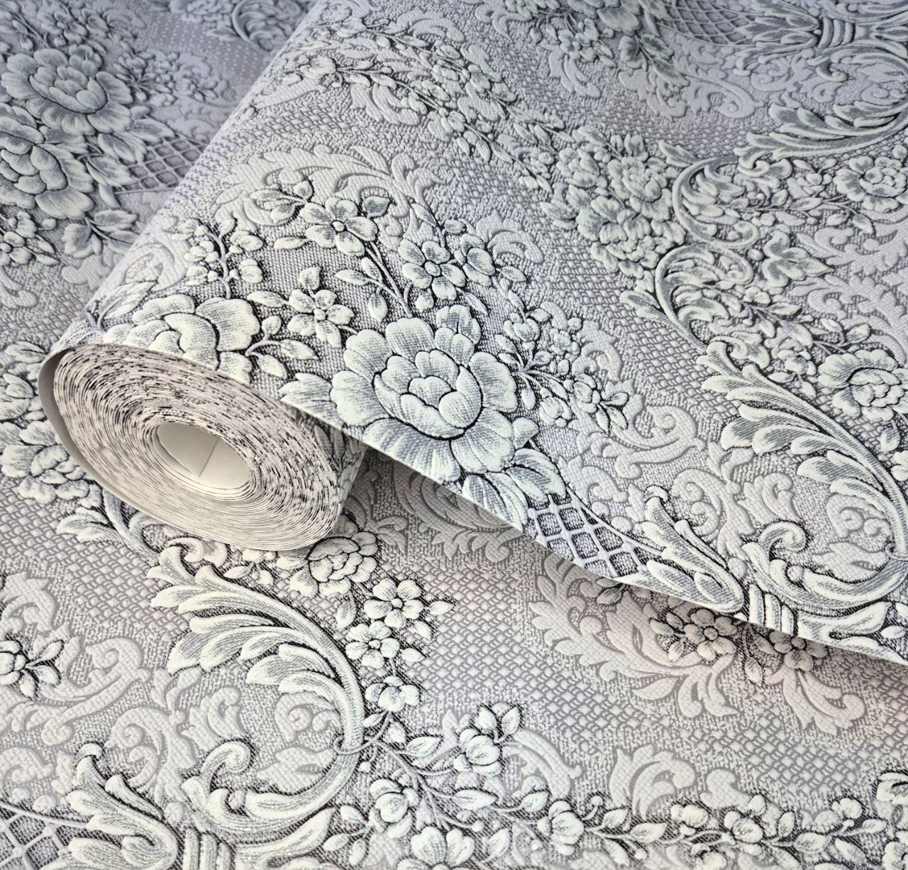 Шпалери вінілові 10 × 0.53 м 5766-10, класичні сірі з квітковим орнаментом для вітальні, спальні, кабінету, фото 1