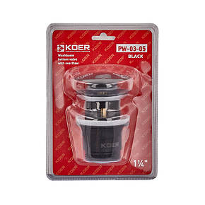 Донний клапан для умивальника з переливом KOER PW-03-05 1 1/4" (кнопка) (Чорний) (KR3396), фото 3