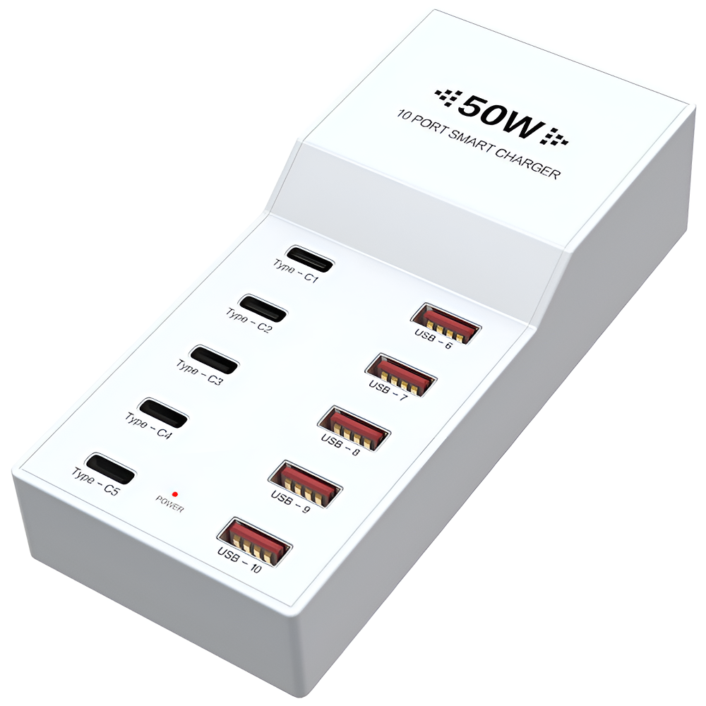 Багатопортовий мережевий зарядний пристрій Addap WLX-T6, мзп на 5 USB + 5 USB-C портів, 50W