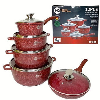 Набір посуду Higher Kitchen HK-305 з антипригарним покриттям граніт червоний, каструлі+сковорідка, фото 1
