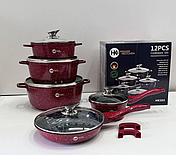 Набір посуду Higher Kitchen HK-305 з антипригарним покриттям граніт червоний, каструлі+сковорідка, фото 2
