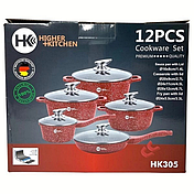 Набір посуду Higher Kitchen HK-305 з антипригарним покриттям граніт червоний, каструлі+сковорідка, фото 3