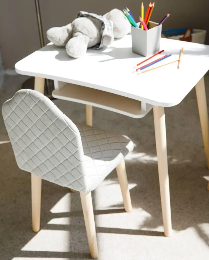 Дитячий білий стіл і стілець м'який сірий велюр. Для дітей 1 групи зросту (100-115см), фото 1