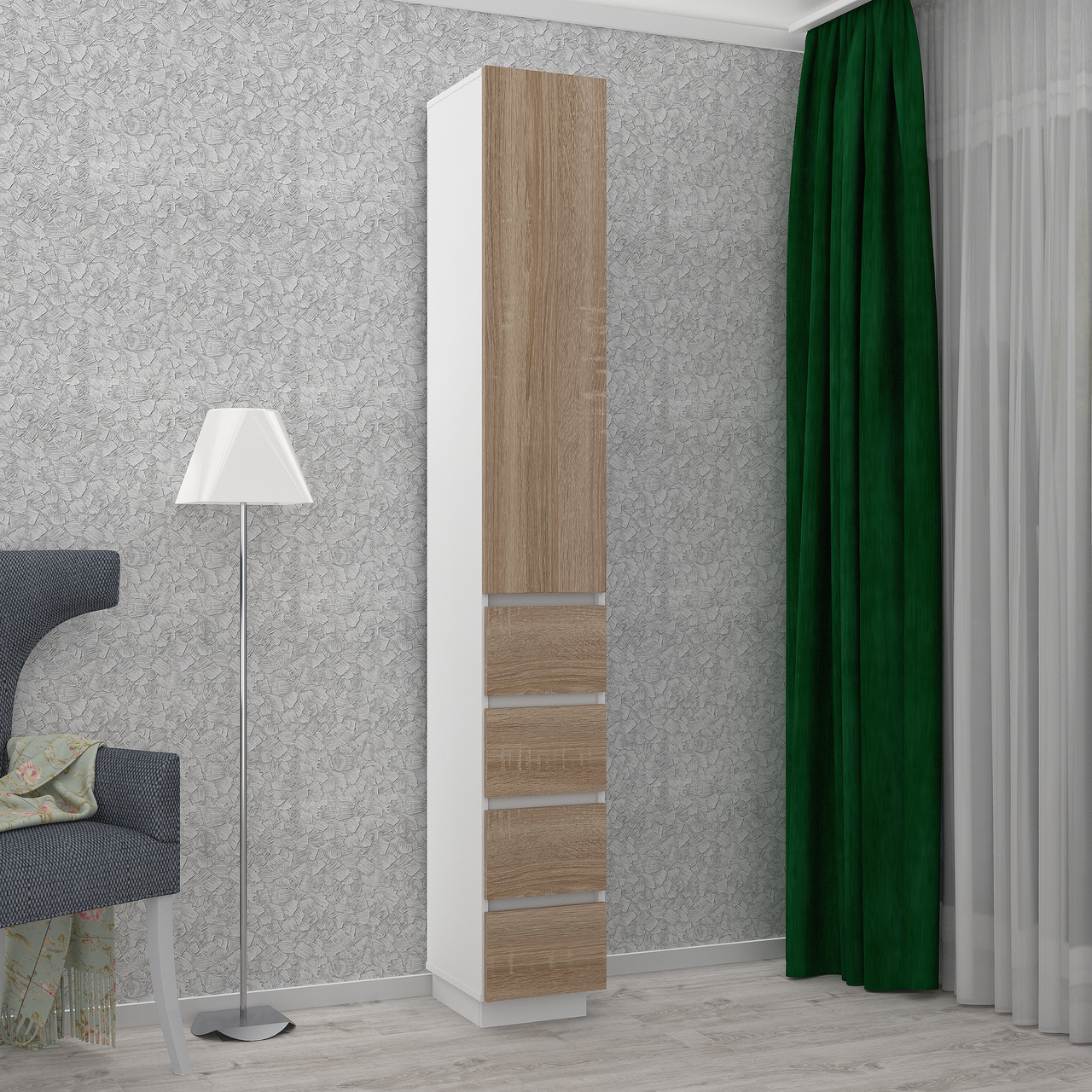Висока вузька закрита розпашна шафа пенал ширина 30 см з полицями та шухлядами модерн у вітальню зал ДСП Hold 4