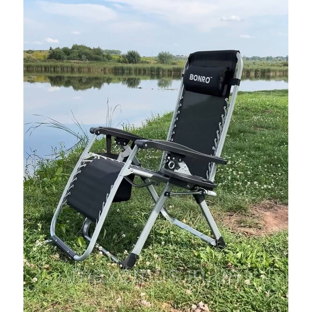 Розкладне крісло шезлонг туристичний Bonro BG-006 чорний + кишеня Садовий лежак пляжний шезлонг