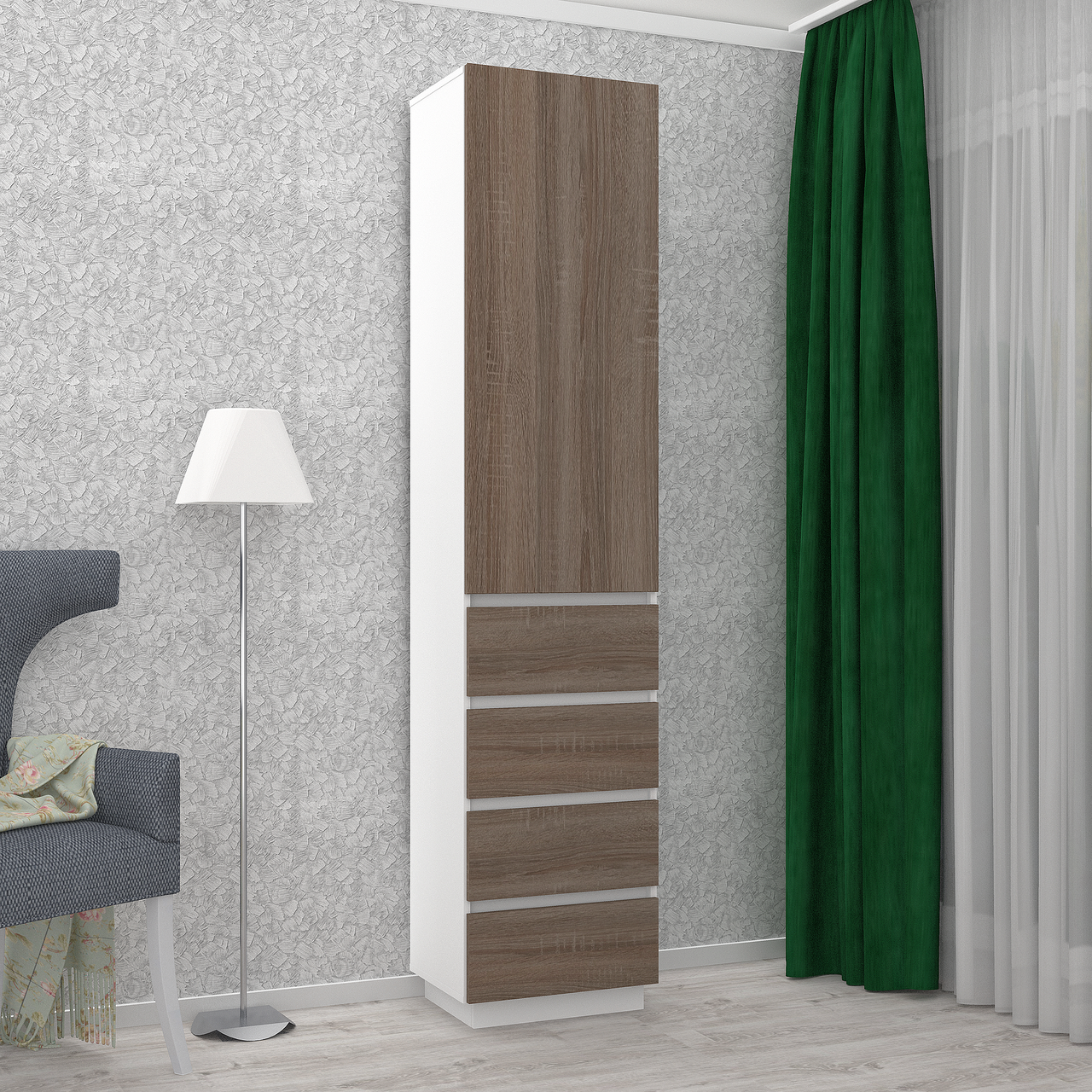 Сучасна висока вузька розпашна шафа пенал шириною 50 см з полицями та шухлядами у вітальню зал ДСП Hold 6