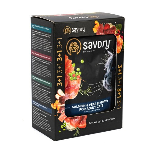 Набір паучів Savory Adult "3+1" для котів, лосось з горохом у соусі, 85 г (*)